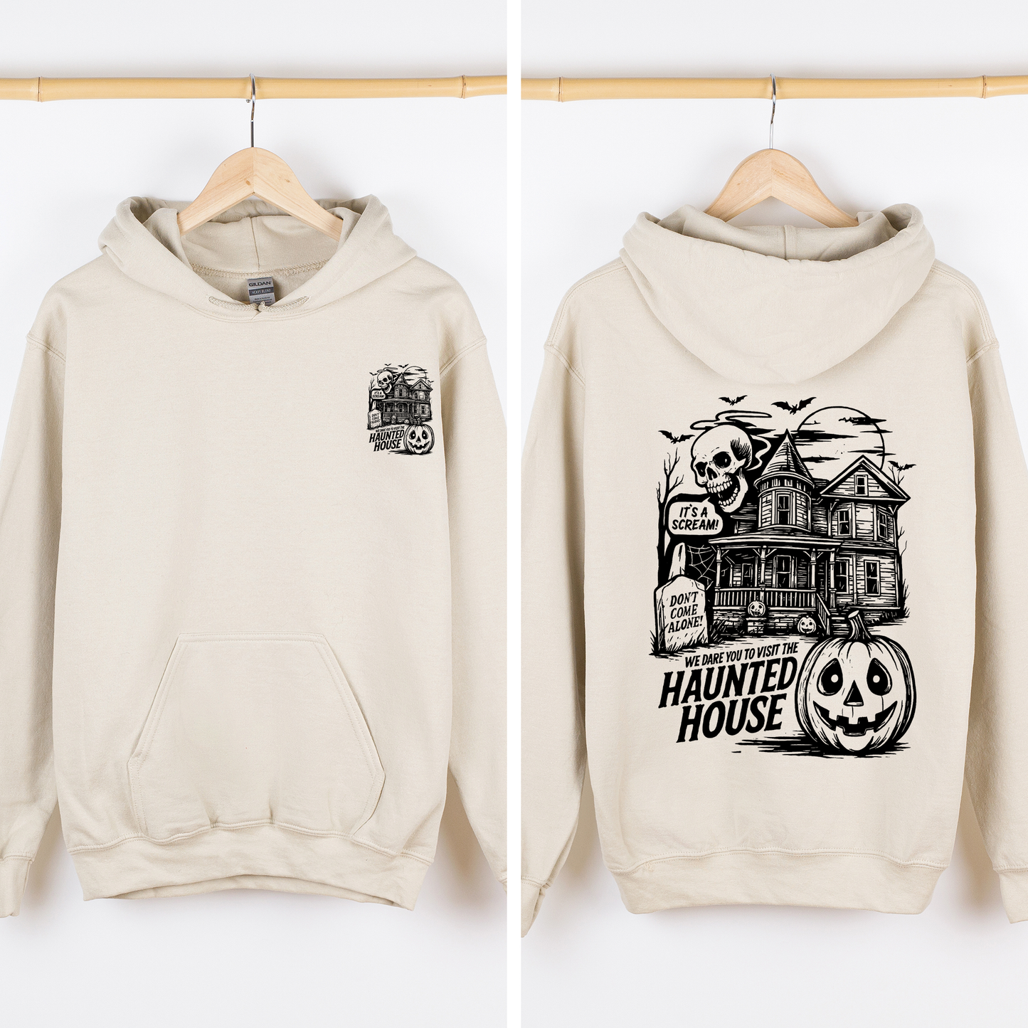 Sand We Dare You To Visit The Haunted House, Spooky, Halloween, Pumpkin, Graphic Hoodie, Hooded Sweatshirt