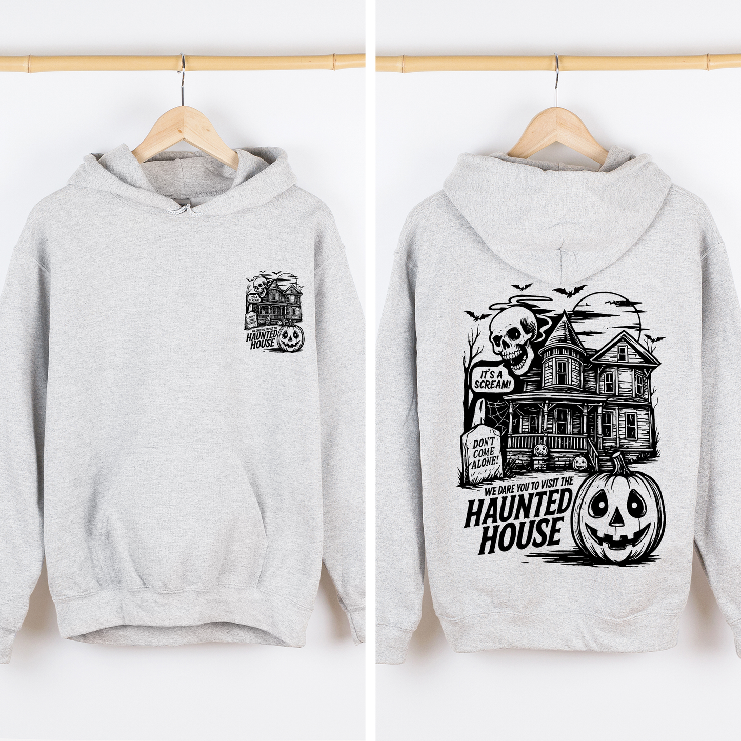 Gray We Dare You To Visit The Haunted House, Spooky, Halloween, Pumpkin, Graphic Hoodie, Hooded Sweatshirt