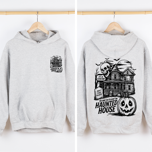 Gray We Dare You To Visit The Haunted House, Spooky, Halloween, Pumpkin, Graphic Hoodie, Hooded Sweatshirt