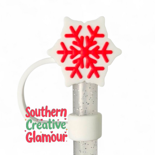Red and White 3D Snowflake Silicone Straw Topper by Southern Creative Glamour 