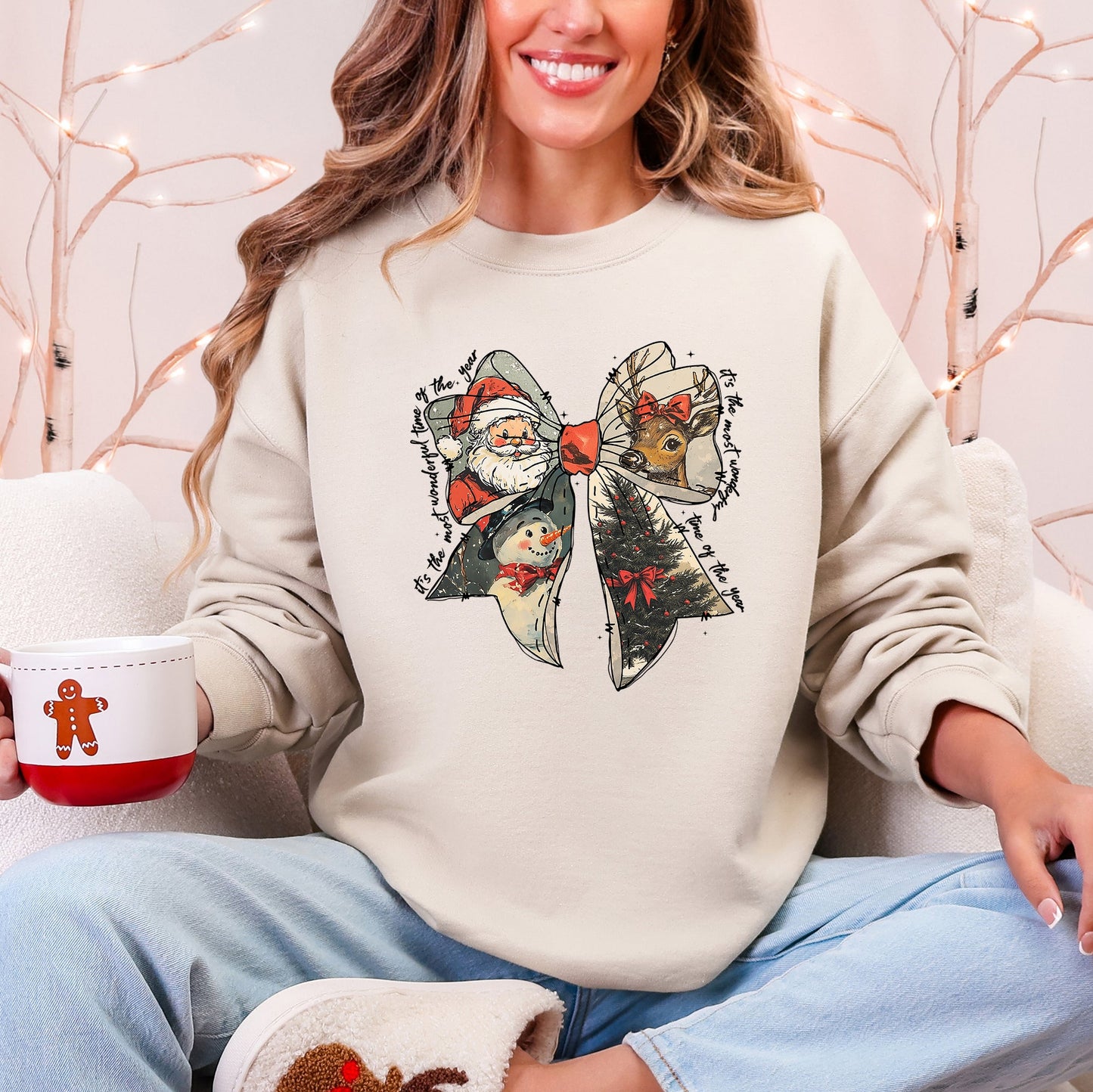 Cream It's The Most Wonderful Time Of The Year, Christmas, Santa, Snowman, Reindeer Sweatshirt