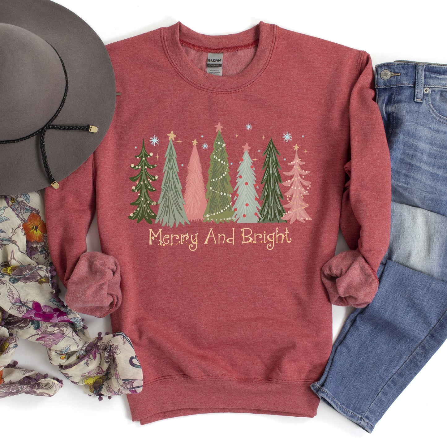 Heather sports scarlet Merry and Bright, Christmas Trees Sweatshirt