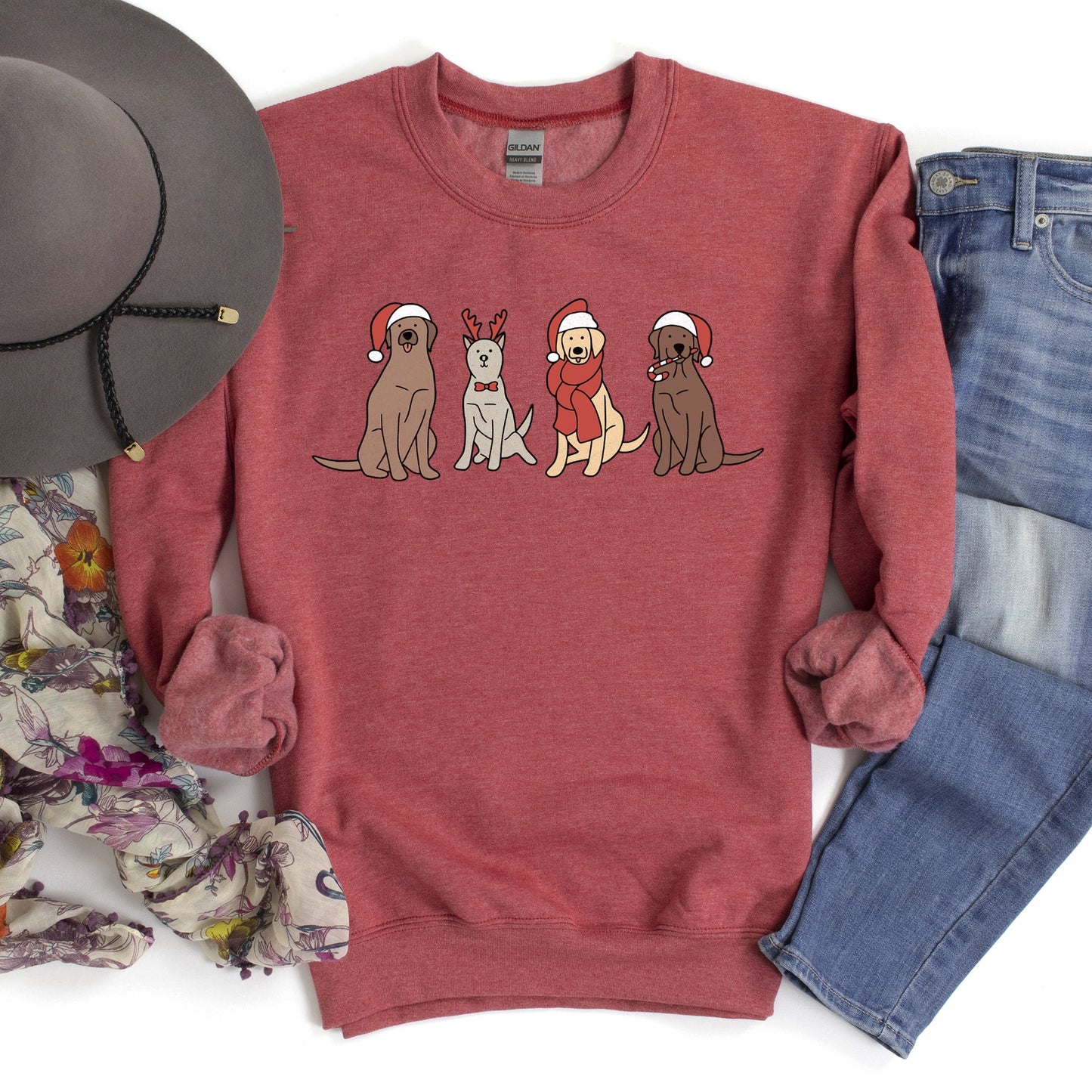 Heather sports red Adorable Christmas Dogs Sweatshirt