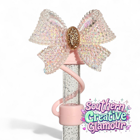 Glitter Ribbon Bow Straw Topper - Ballerina Pink by Southern Creative Glamour 