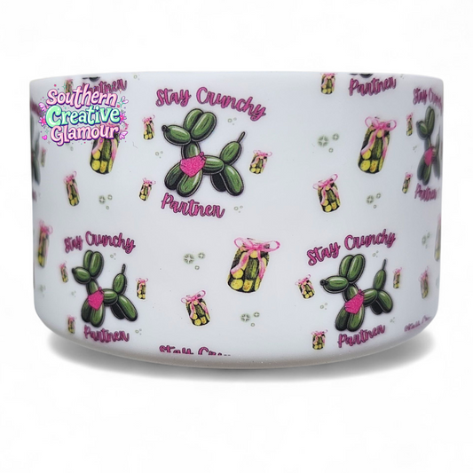 Green Balloon Dogs, Green Pickles, and Pink Bows design on a white Silicone Tumbler Boot by Southern Creative Glamour 