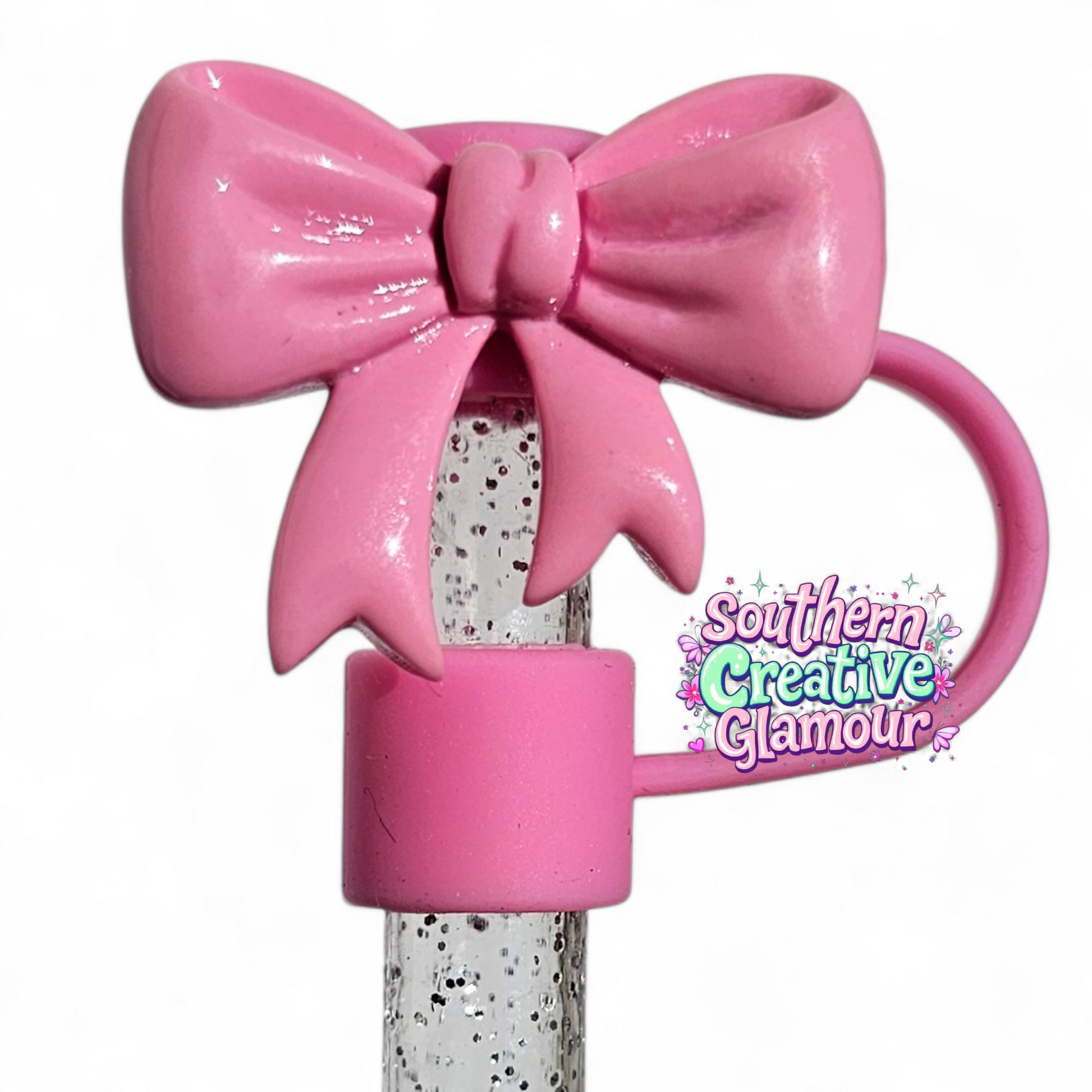 Pink Coquette Ribbon Bow 10mm Silicone Straw Topper | Straw Cover by Southern Creative Glamour 