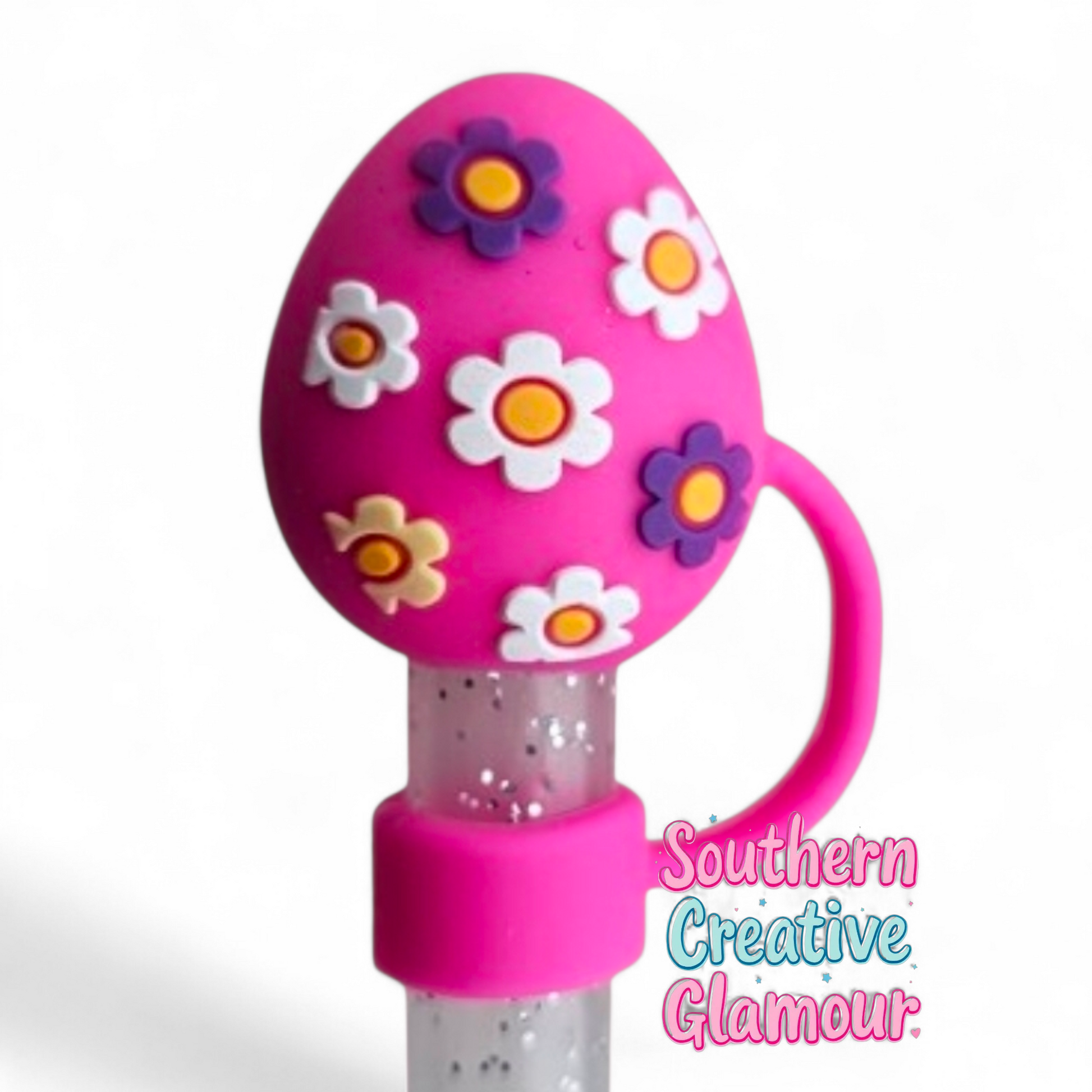 Berry Pink Daisy Easter Egg Silicone Straw Topper | Straw Cover by Southern Creative 