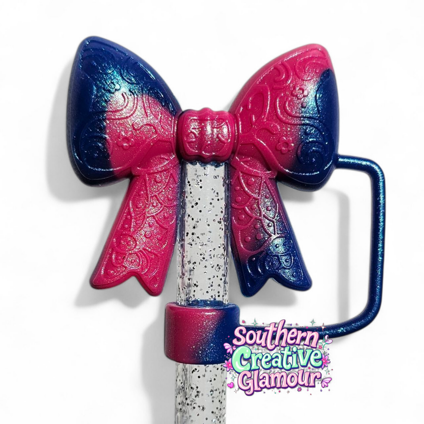 Berry Truffle Pink Shimmer Paisley 3D Bow Silicone 10mm Straw Topper | Straw Cover by Southern Creative Glamour 