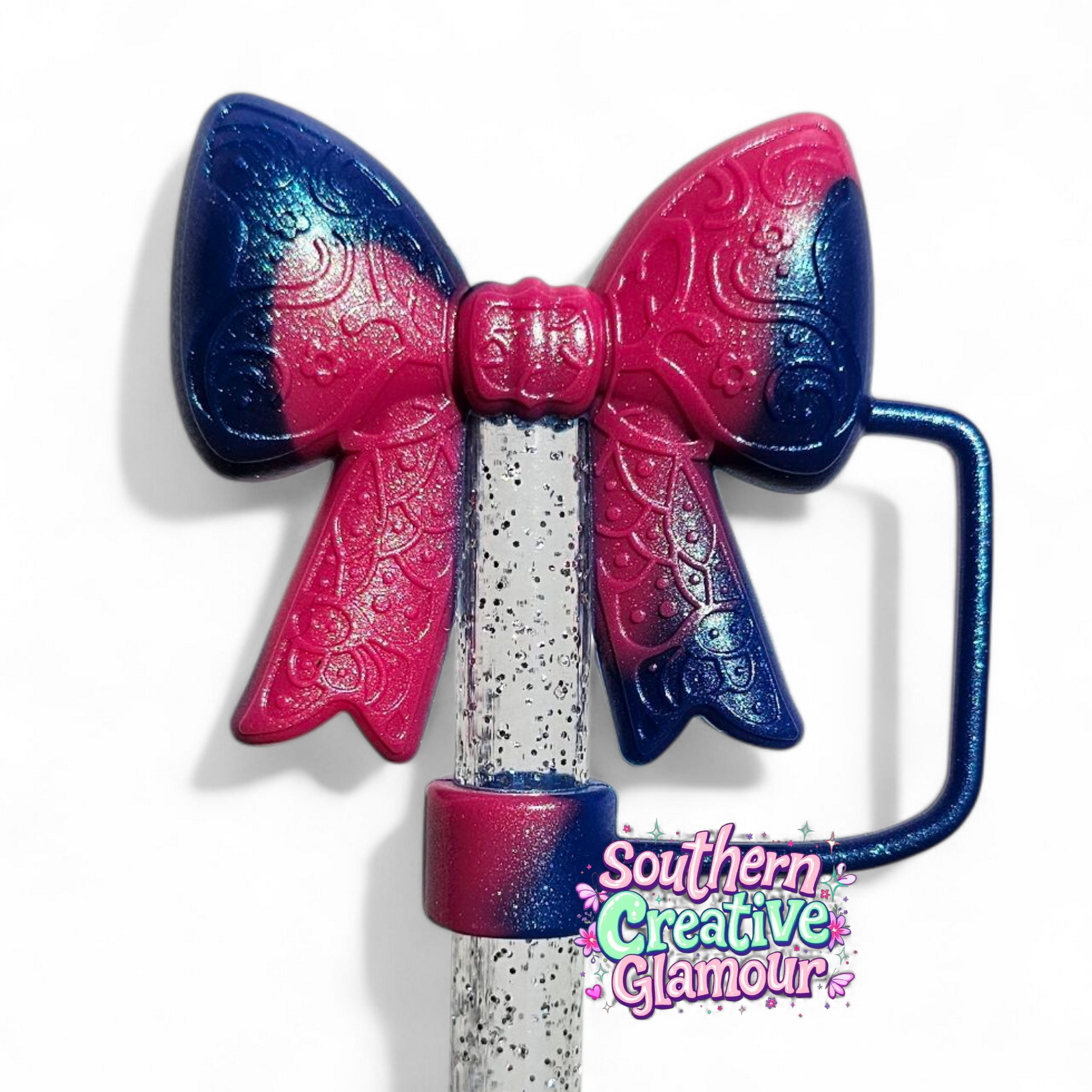 Berry Truffle Pink Shimmer Paisley 3D Bow Silicone 10mm Straw Topper | Straw Cover by Southern Creative Glamour 