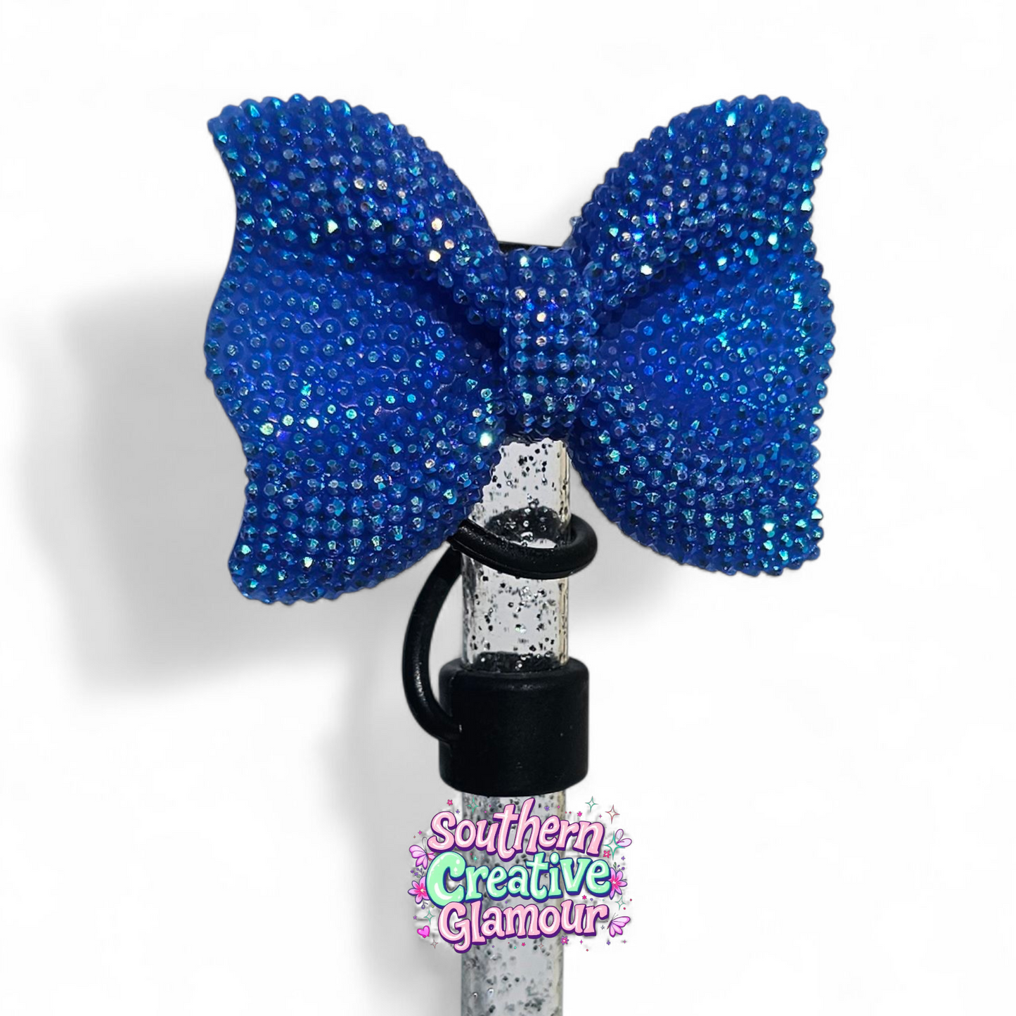 Blue Glitter Bow Silicone 10mm Straw Topper | Straw Cover by Southern Creative Glamour 