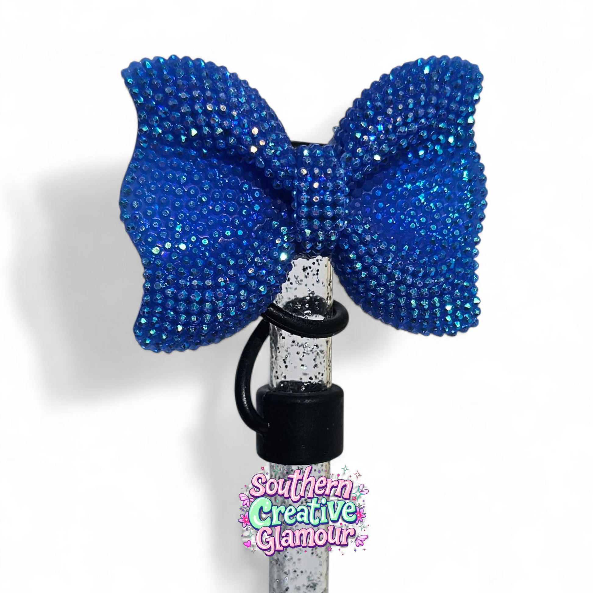 Blue Glitter Bow Silicone 10mm Straw Topper | Straw Cover by Southern Creative Glamour 