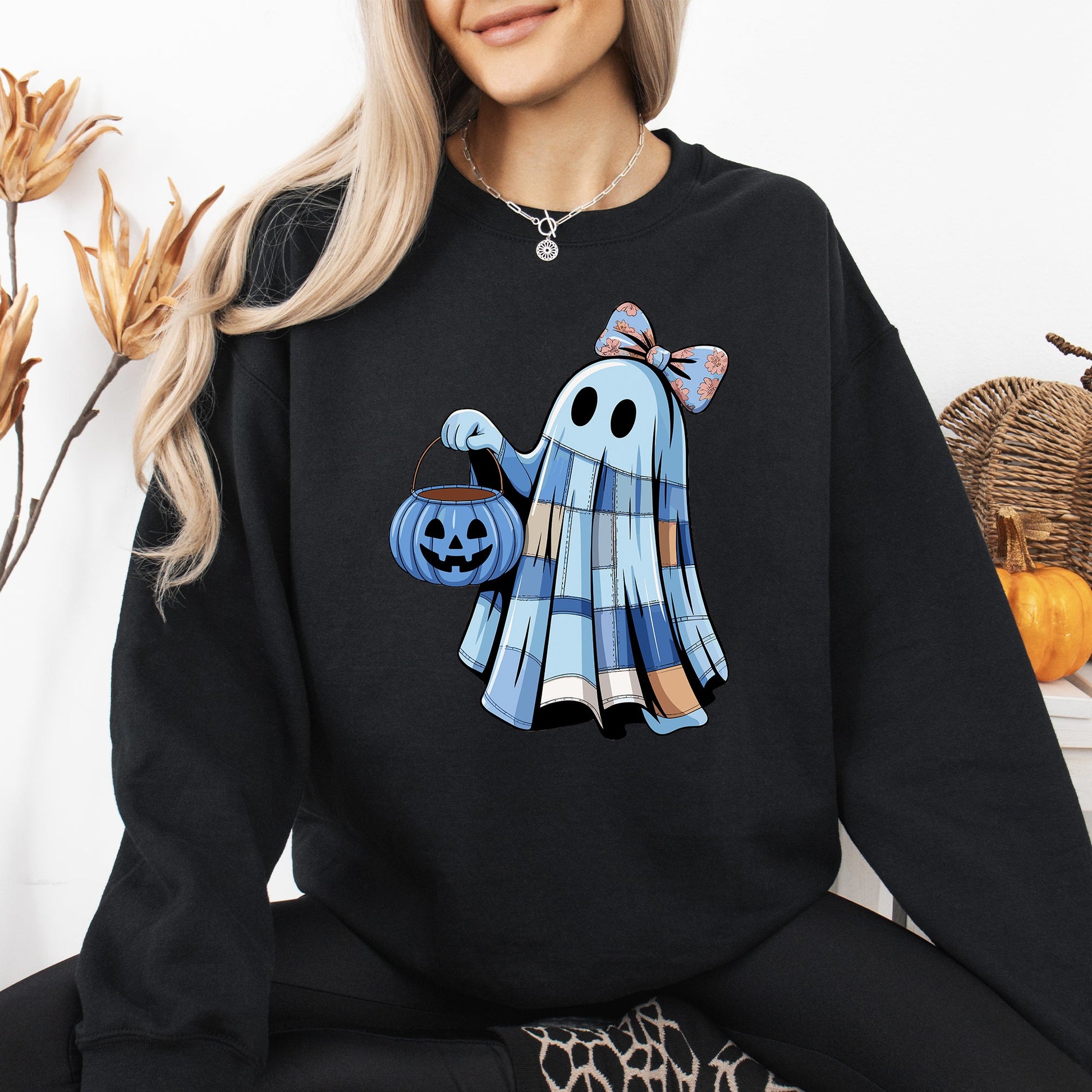 Black Cute Blue Ghost, Patchwork, Trick or Treat, Witch, Bow, Coquette, Pumpkin, Halloween, Floral, Retro, Spooky, Costume, Fall, Graphic Sweatshirt