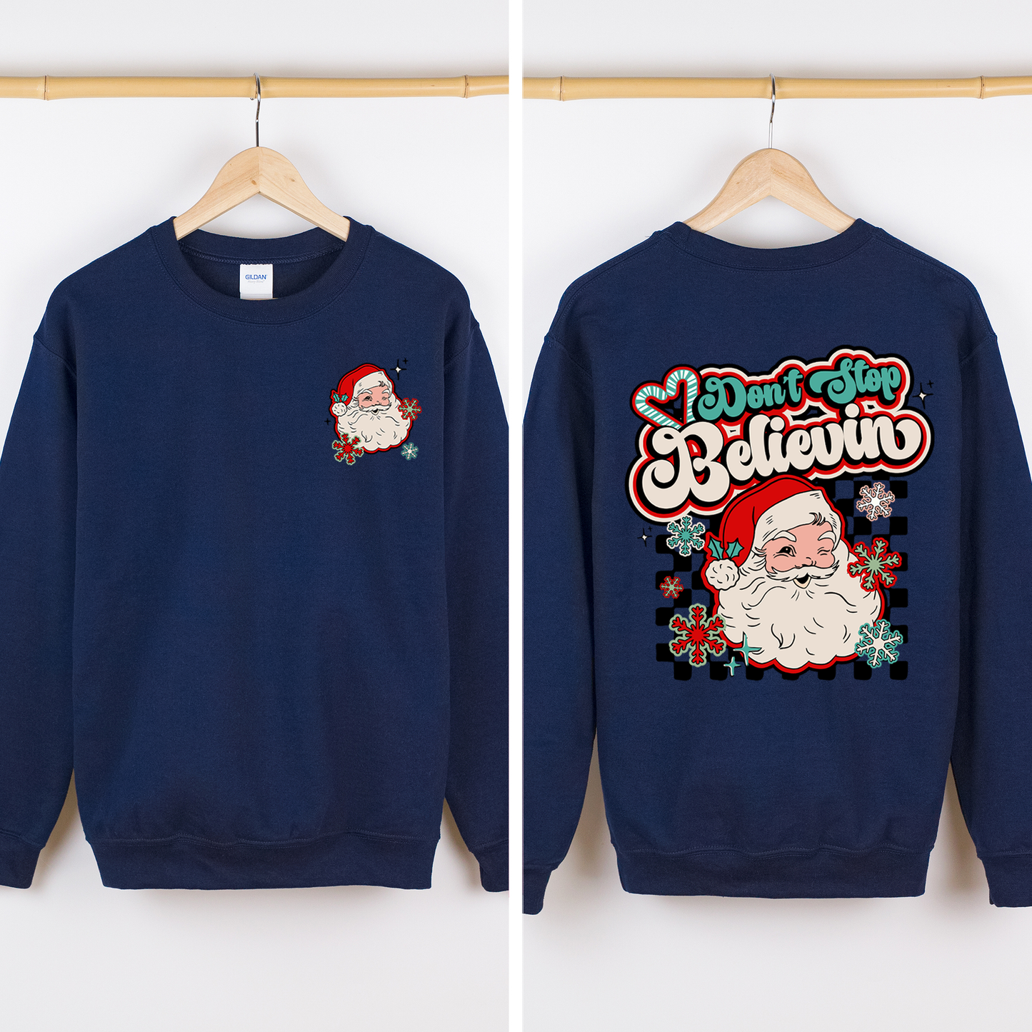 Black Don't Stop Believin, Santa, Retro, Checkered, Christmas, Front and Back Sweatshirt