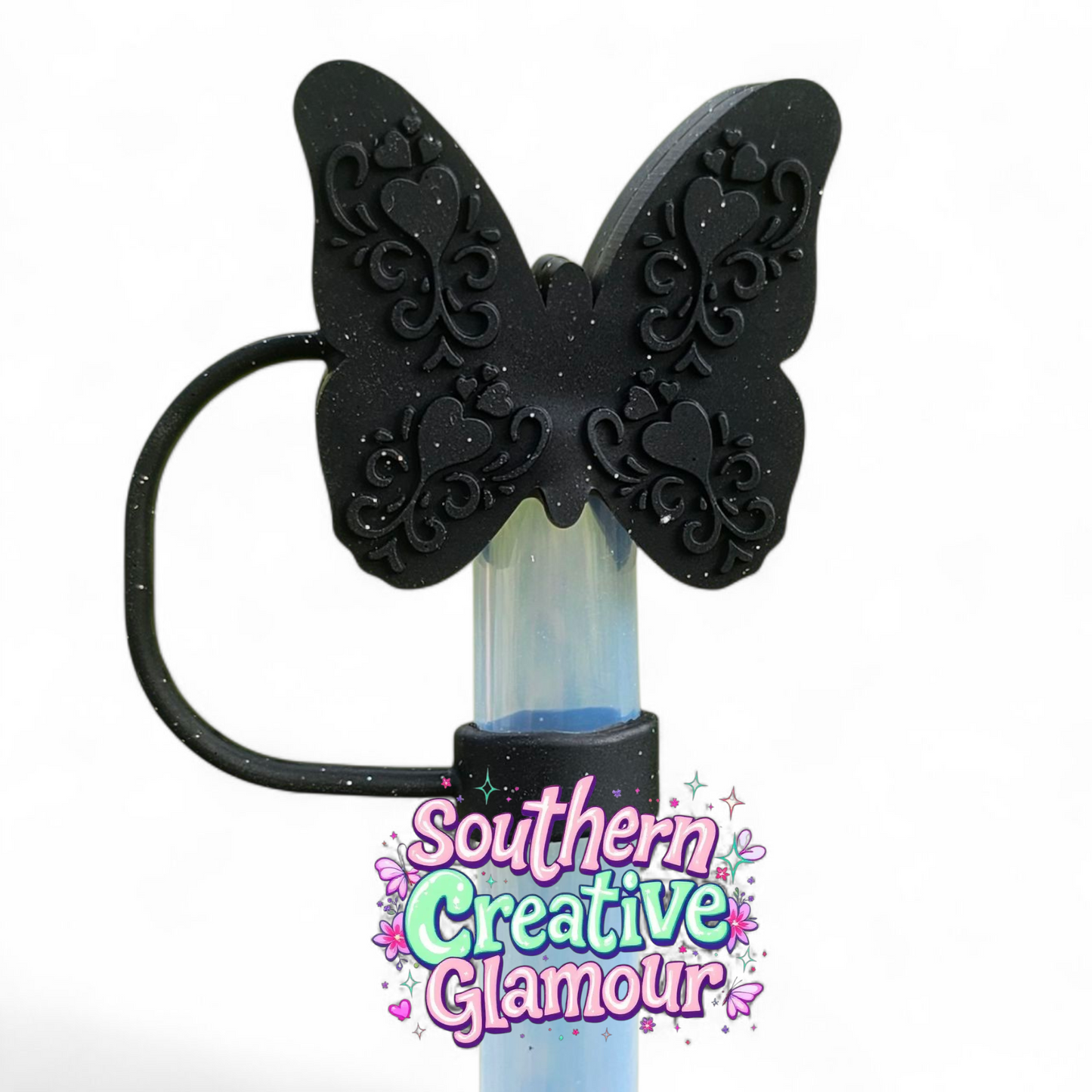 Black Glitter Butterfly 12mm Silicone Straw Topper by SouthernCreativeGlamour | Fits Brumate 