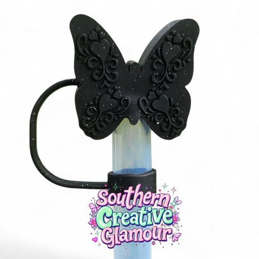 Black Glitter Butterfly 12mm Silicone Straw Topper by SouthernCreativeGlamour | Fits Brumate 