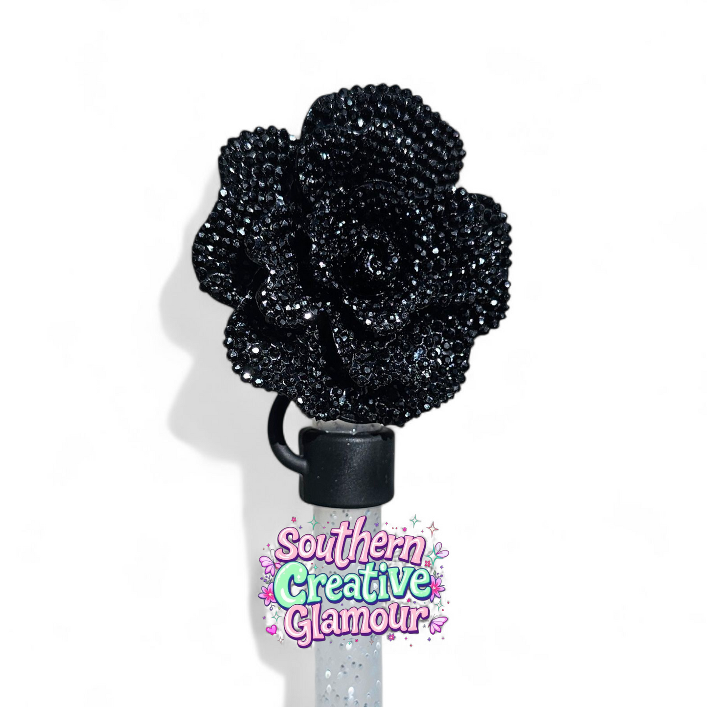 Black Glitter Rose 10mm Straw Topper by Southern Creative Glamour 