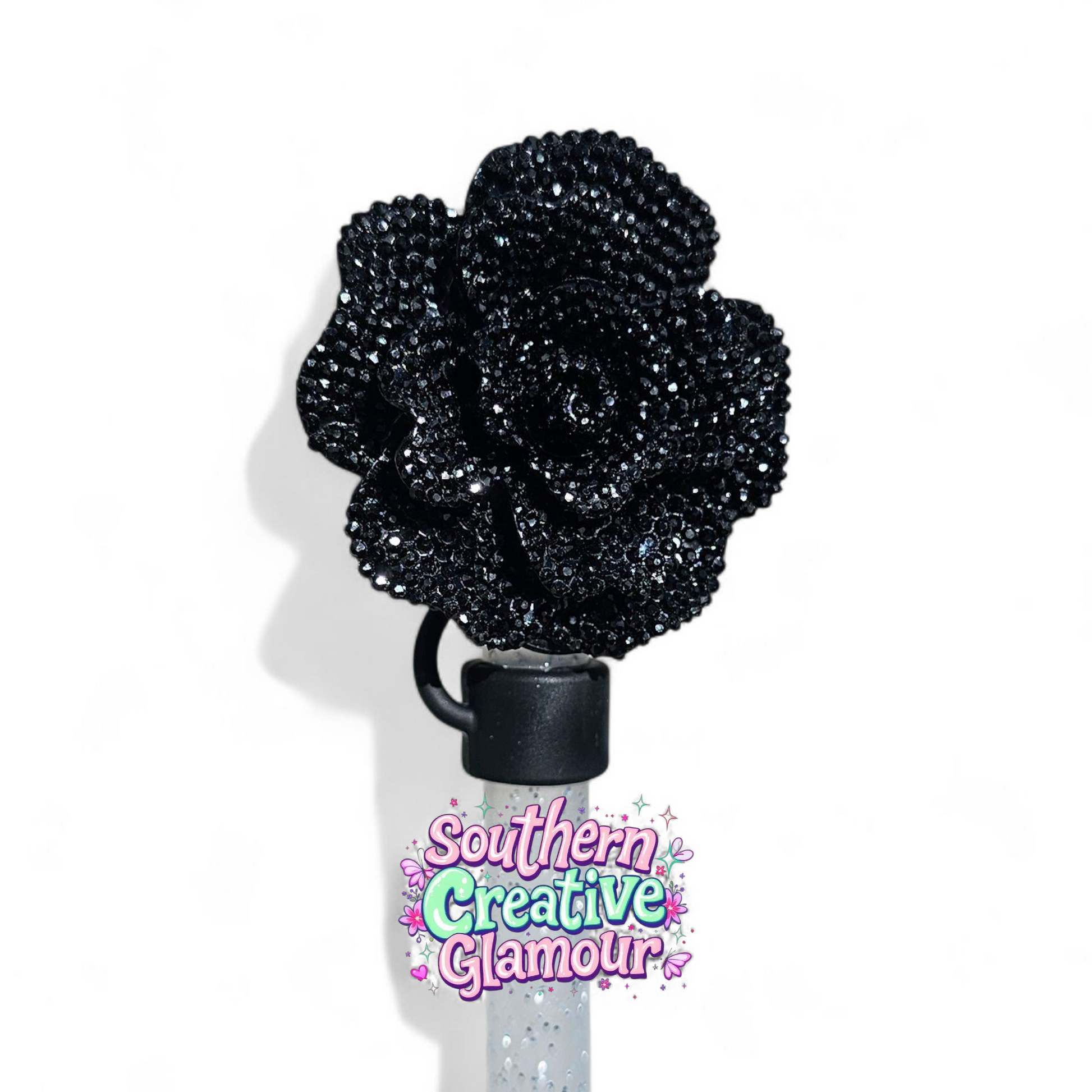 Black Glitter Rose 10mm Straw Topper by Southern Creative Glamour 