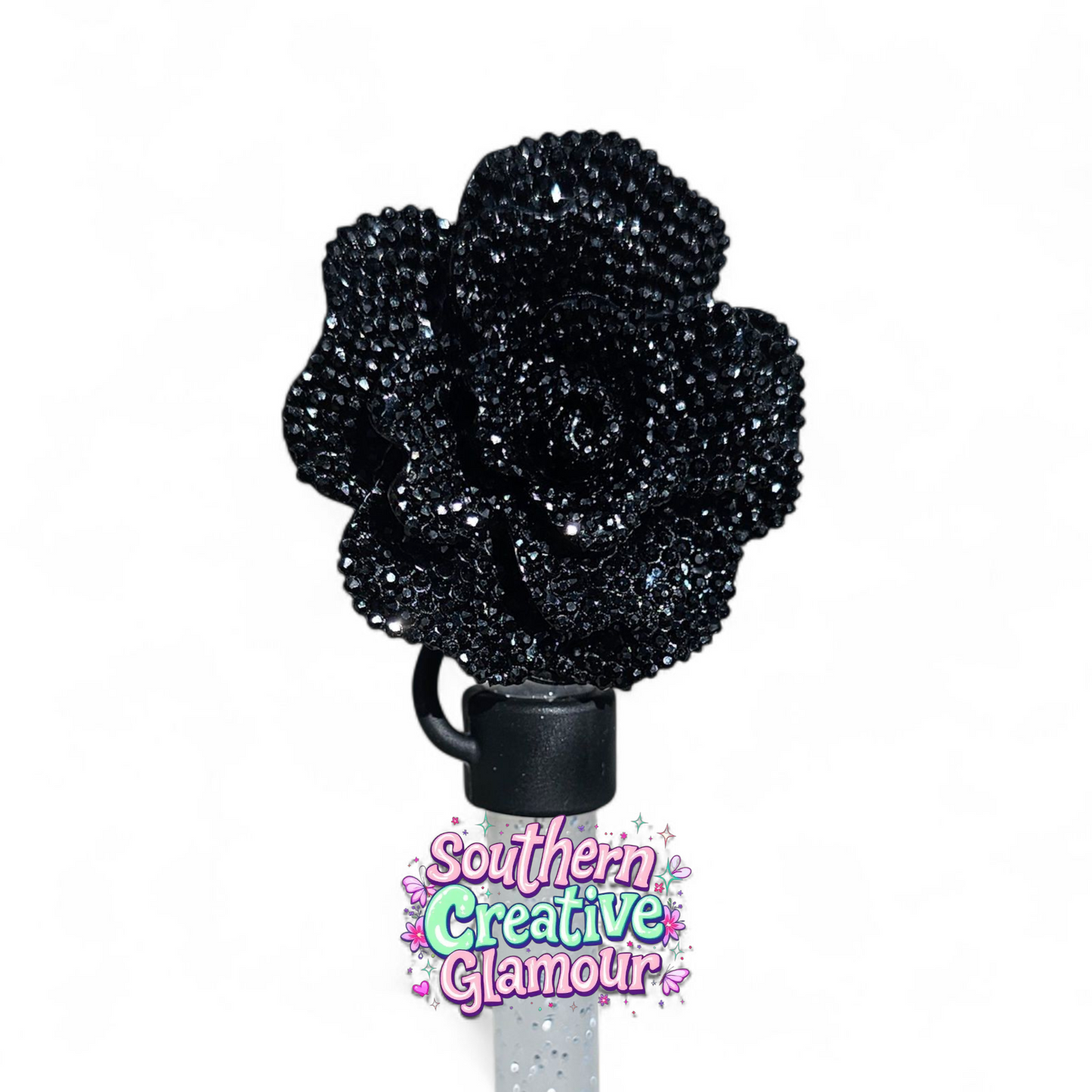 Black Glitter Rose 10mm Straw Topper by Southern Creative Glamour 