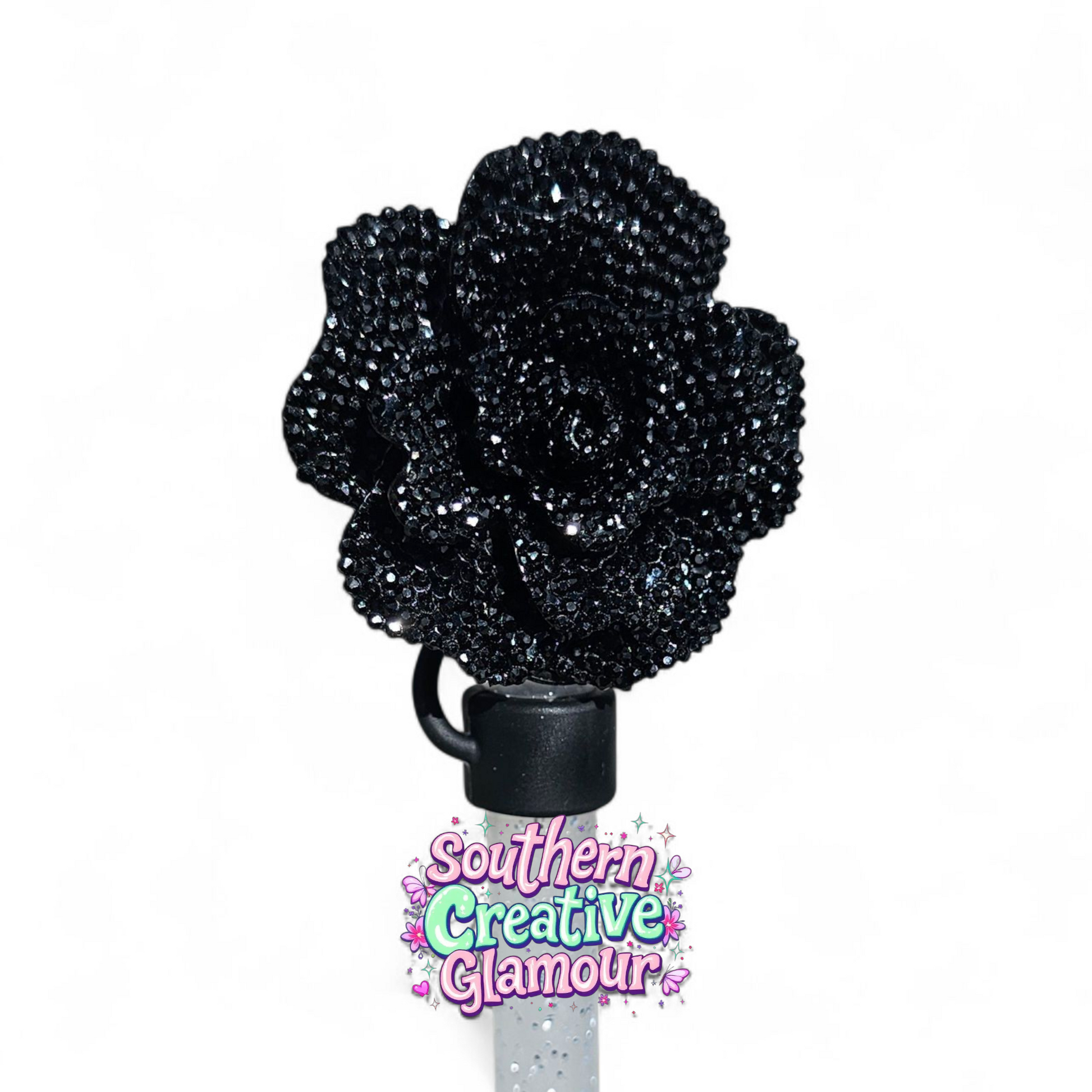 Black Glitter Rose 10mm Straw Topper by Southern Creative Glamour 