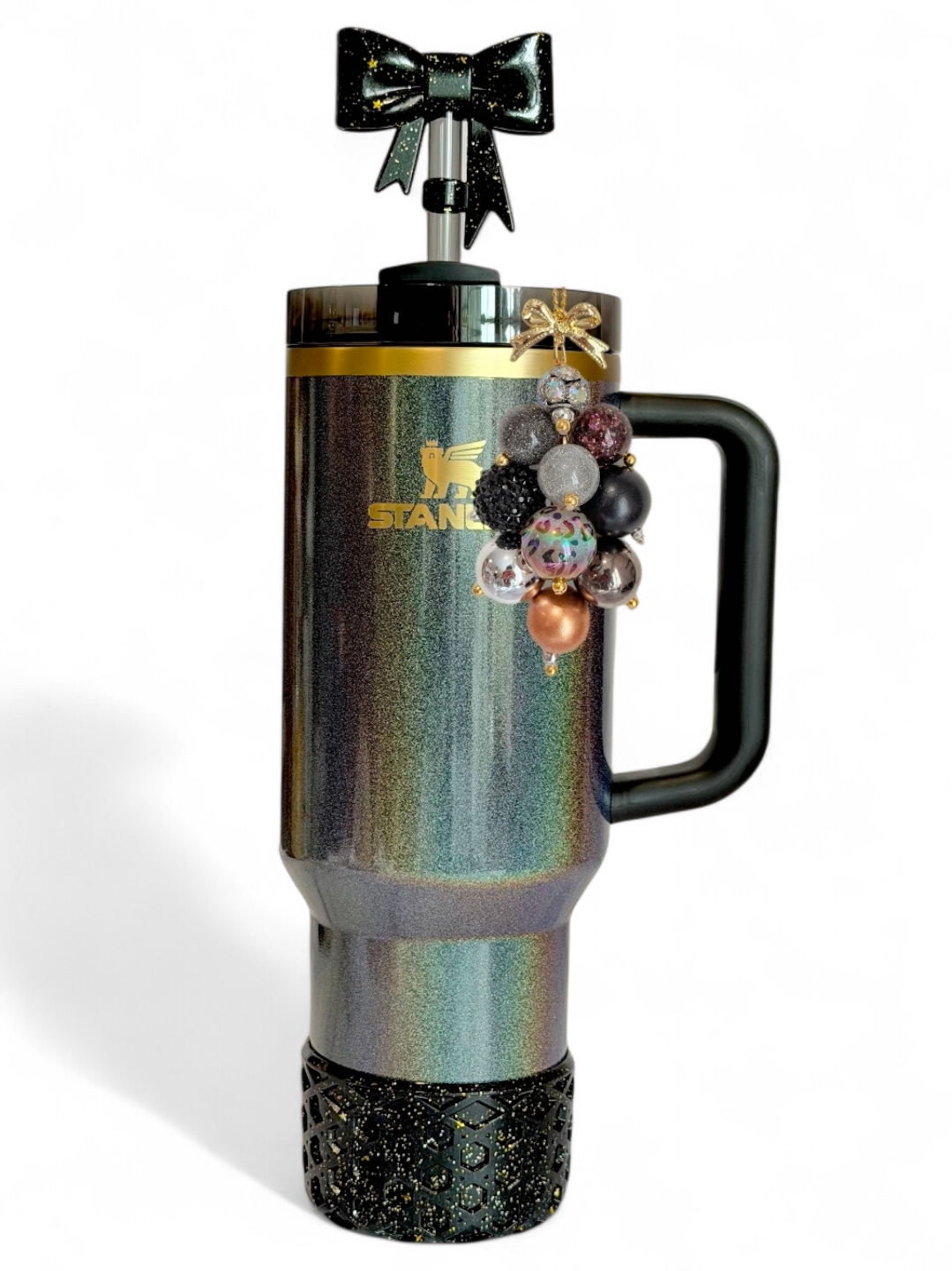 Black & Gold Glitter 3D Bow Silicone Straw Topper | Fits 10mm Straws