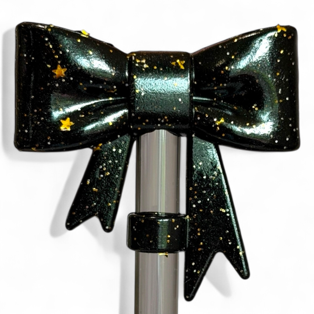 Black & Gold Glitter 3D Bow Silicone Straw Topper | Fits 10mm Straws