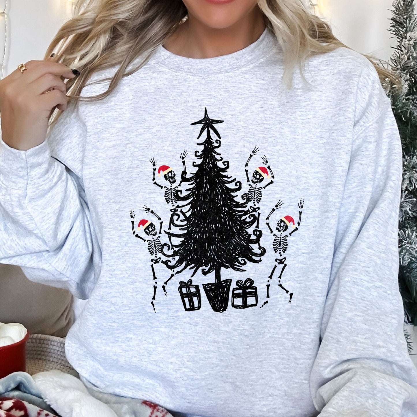 Light Ash Gray Christmas Dancing Skeletons Retro Sweatshirt
