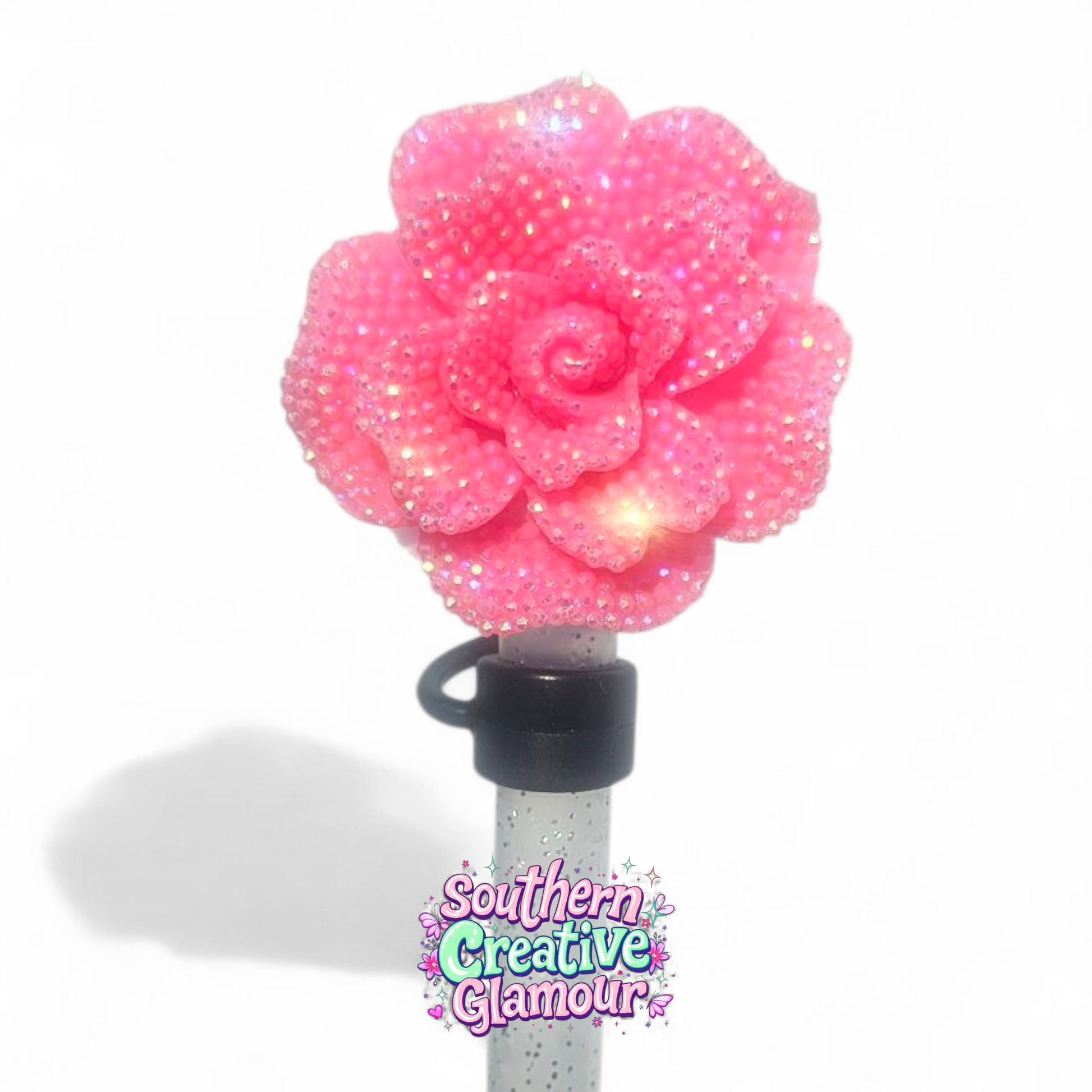 Malibu Pink Glitter Rose Silicone 10mm Straw Toppers | Straw Covers by Southern Creative Glamour 