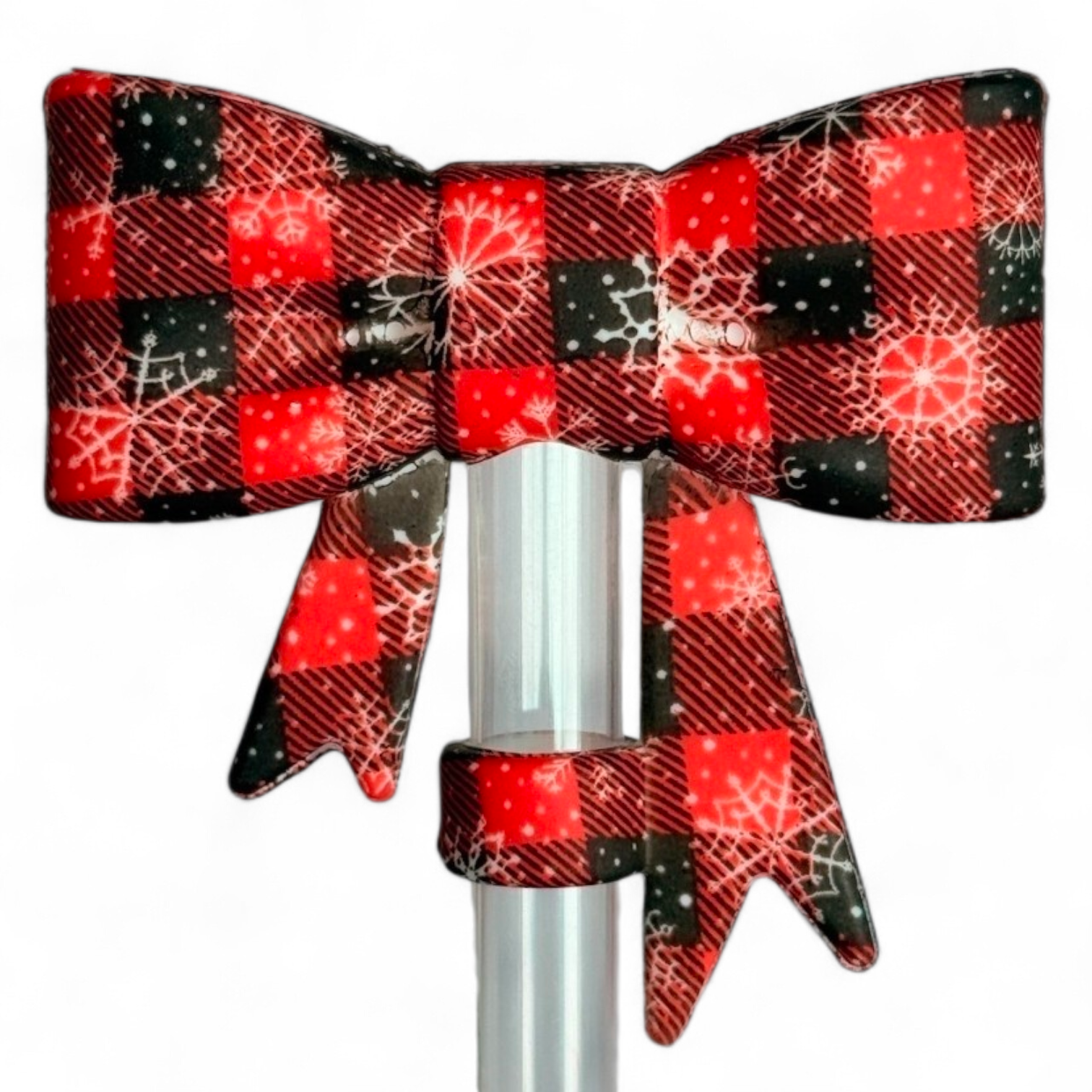Buffalo Plaid Snowflake 3D Bow Silicone Straw Topper | Fits 10mm Straws 