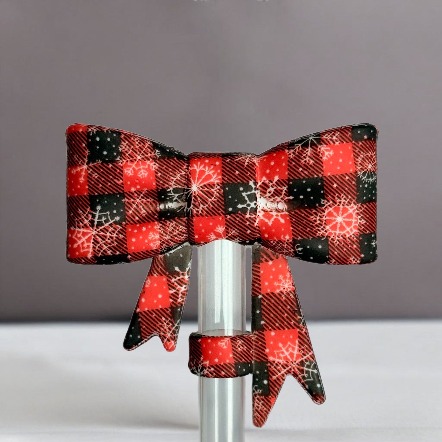 Buffalo Plaid Snowflake 3D Bow Silicone Straw Topper | Fits 10mm Straws 