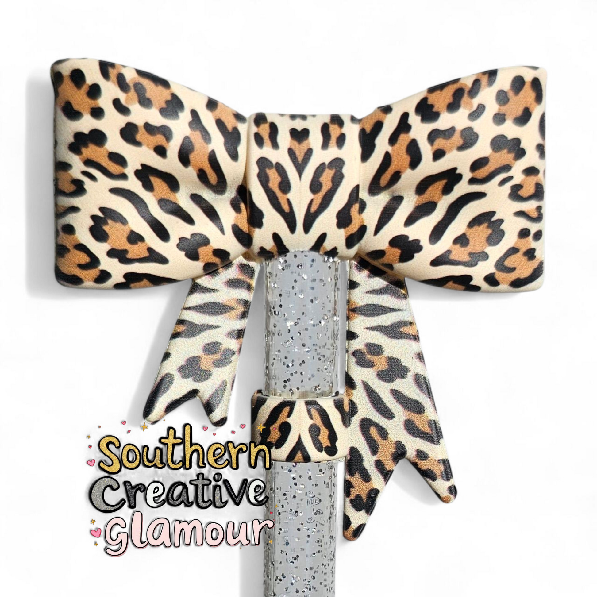 Leopard Print 3D Bow Silicone 10mm Straw Topper by Southern Creative Glamour 