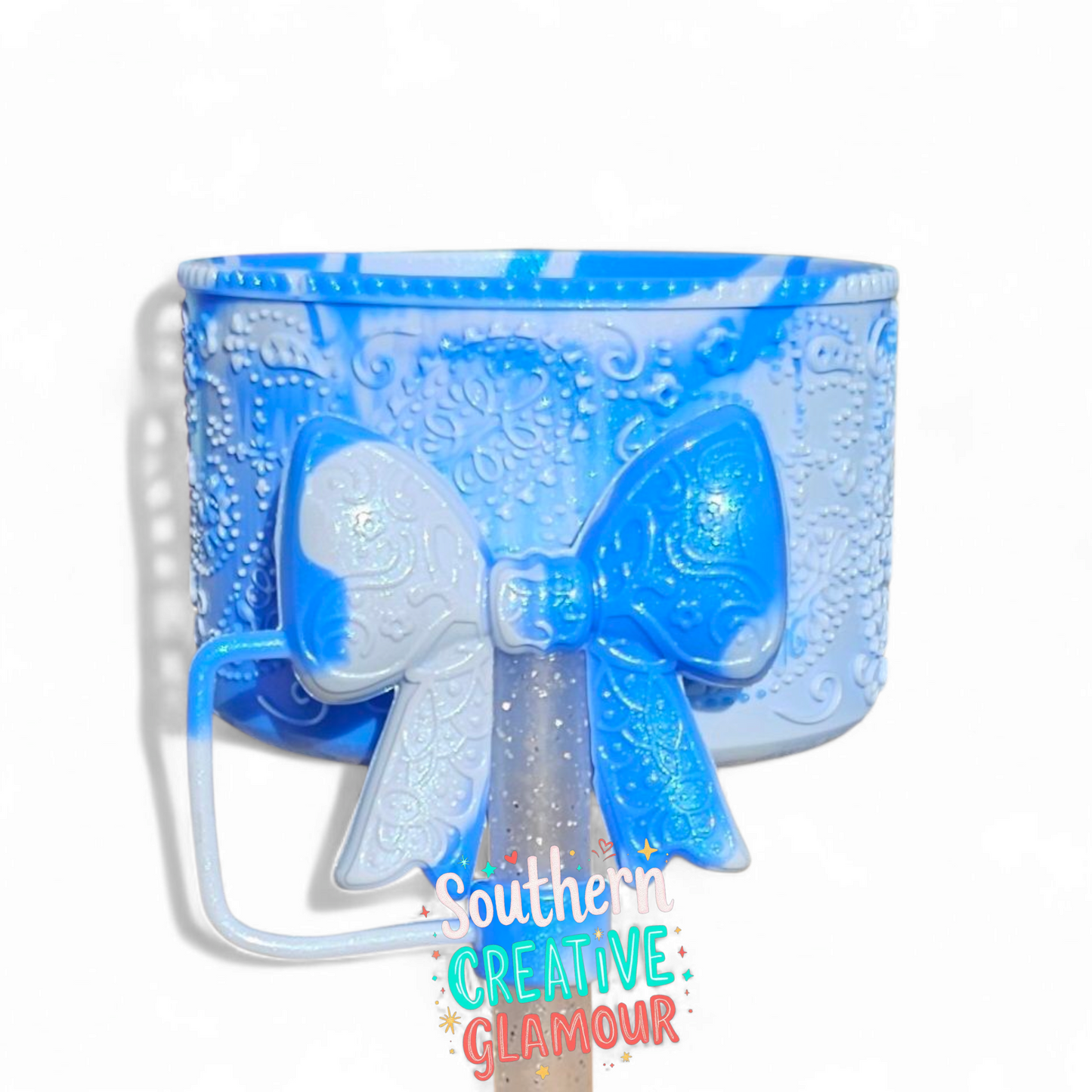 Cinderella Blue Shimmer 3D Pastel Bandana Tumbler Boot and 3D Bow Straw Topper by Southern Creative Glamour 
