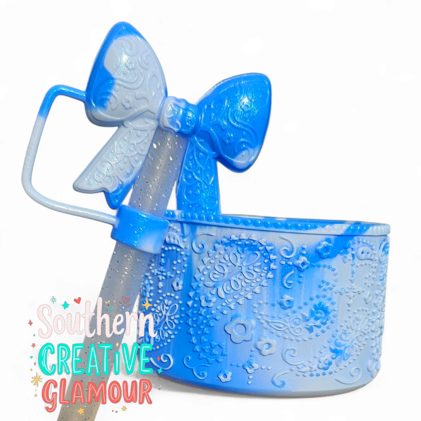 Cinderella Blue Shimmer 3D Pastel Bandana Tumbler Boot and 3D Bow Straw Topper by Southern Creative Glamour 