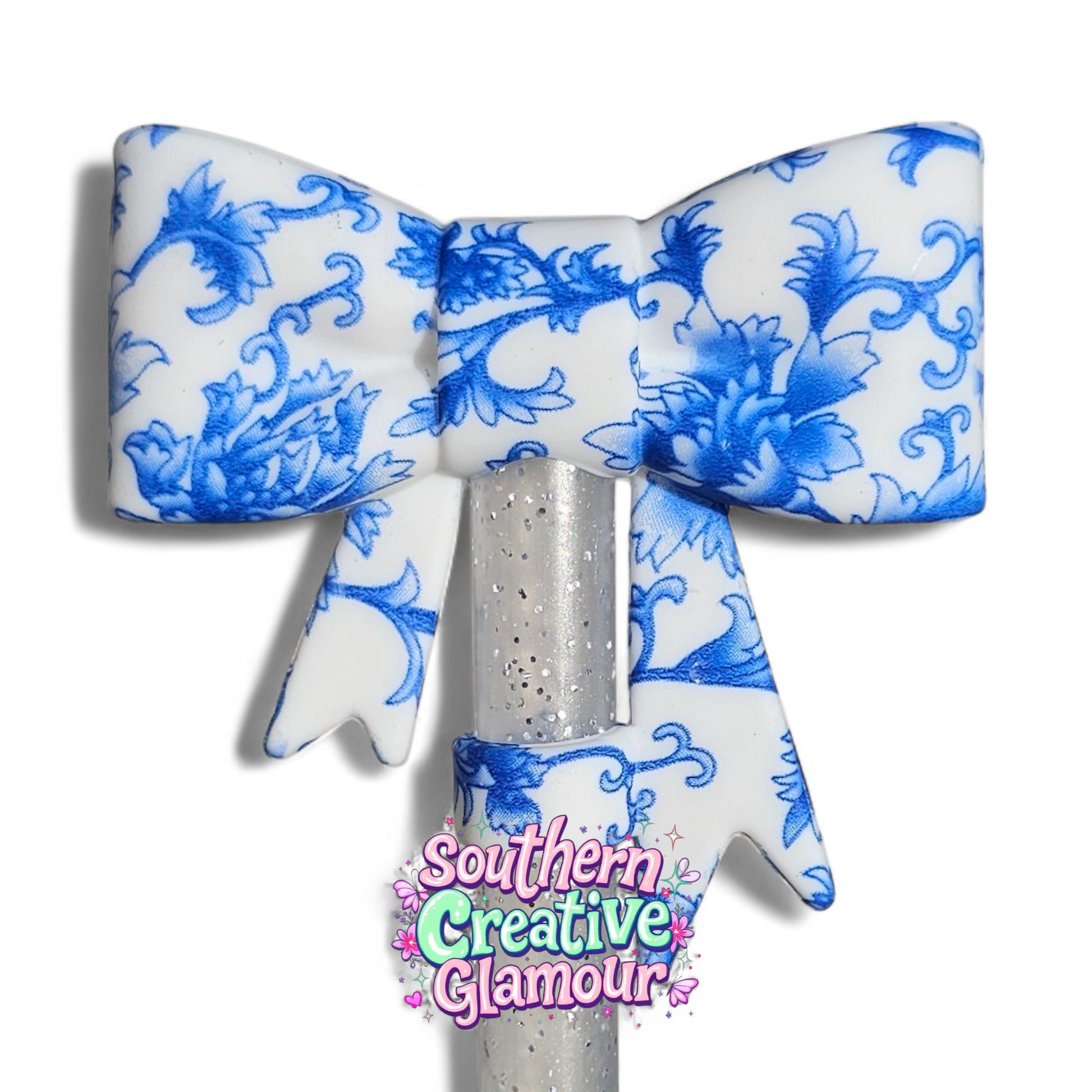 Blue Floral 3D Bow Silicone 10mm Straw Topper by Southern Creative Glamour 