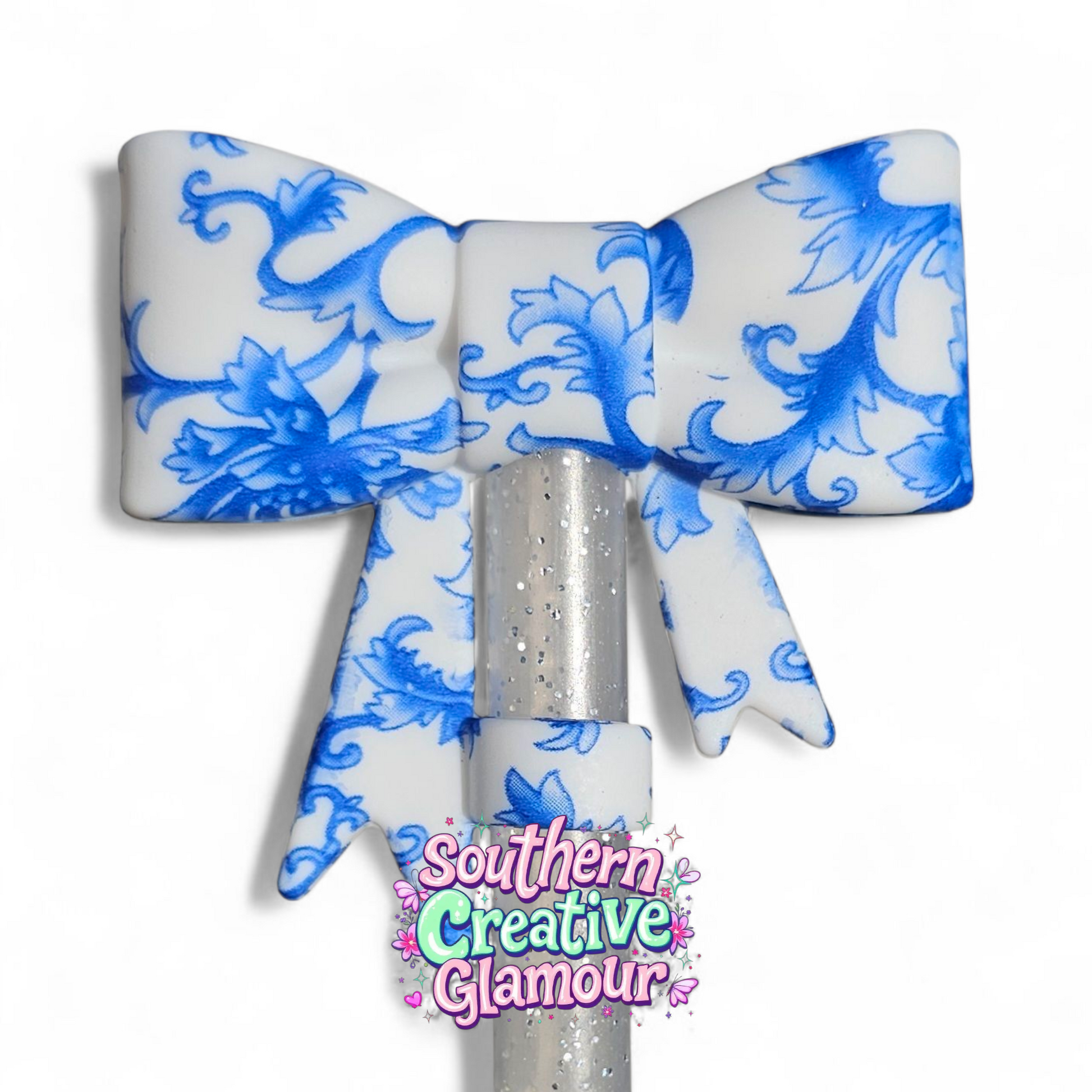 Blue Floral 3D Bow Silicone 10mm Straw Topper by Southern Creative Glamour 