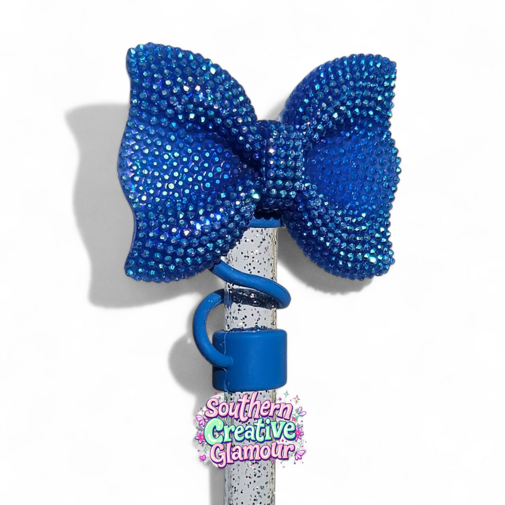 Blue Glitter Bow Silicone 10mm Straw Topper | Straw Cover by Southern Creative Glamour 