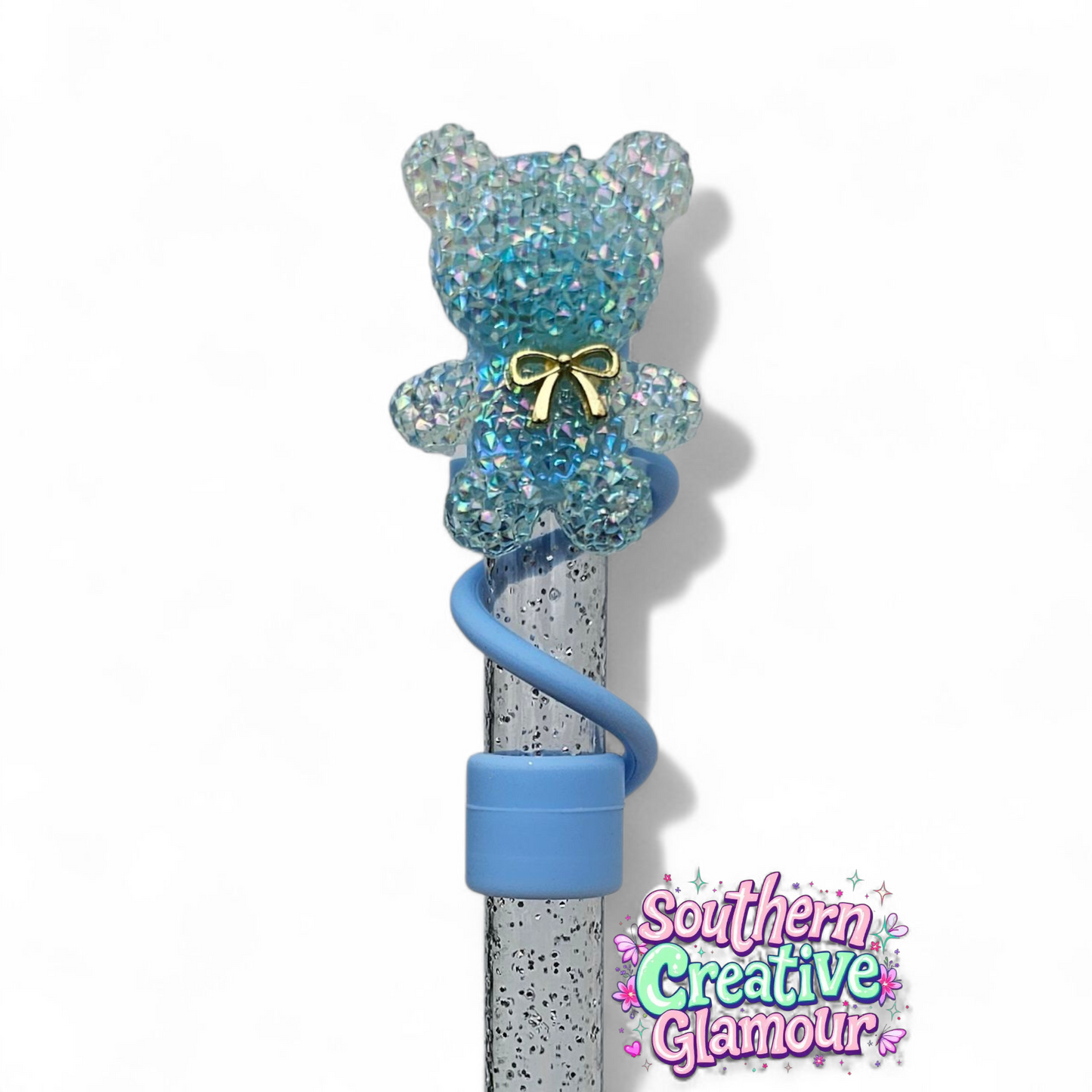 Blue Crystal Bear 10mm Straw Topper | Tumbler Accessory by Southern Creative Glamour 