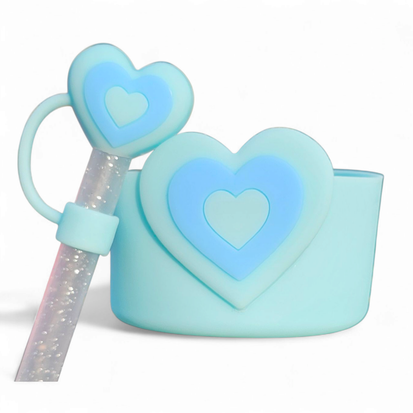 Blue Heart Tumbler Silicone Boot & Matching Heart Silicone 10mm Straw Topper 