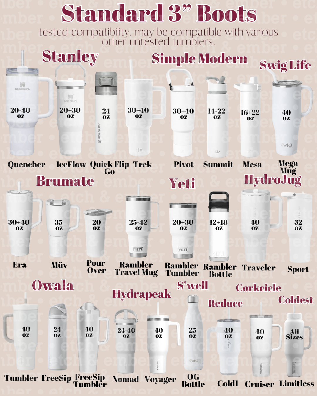 Tumbler boot size chart