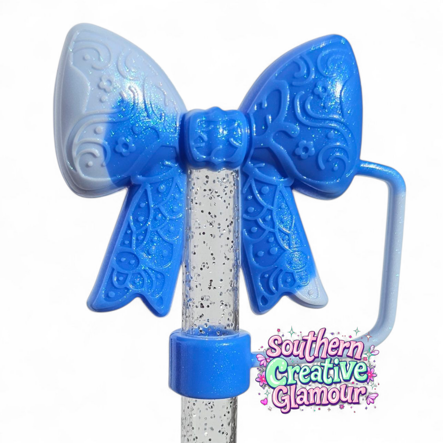 Blue Swirl Paisley 3D Bow Silicone 10mm Straw Topper | Straw Cover by Southern Creative Glamour 