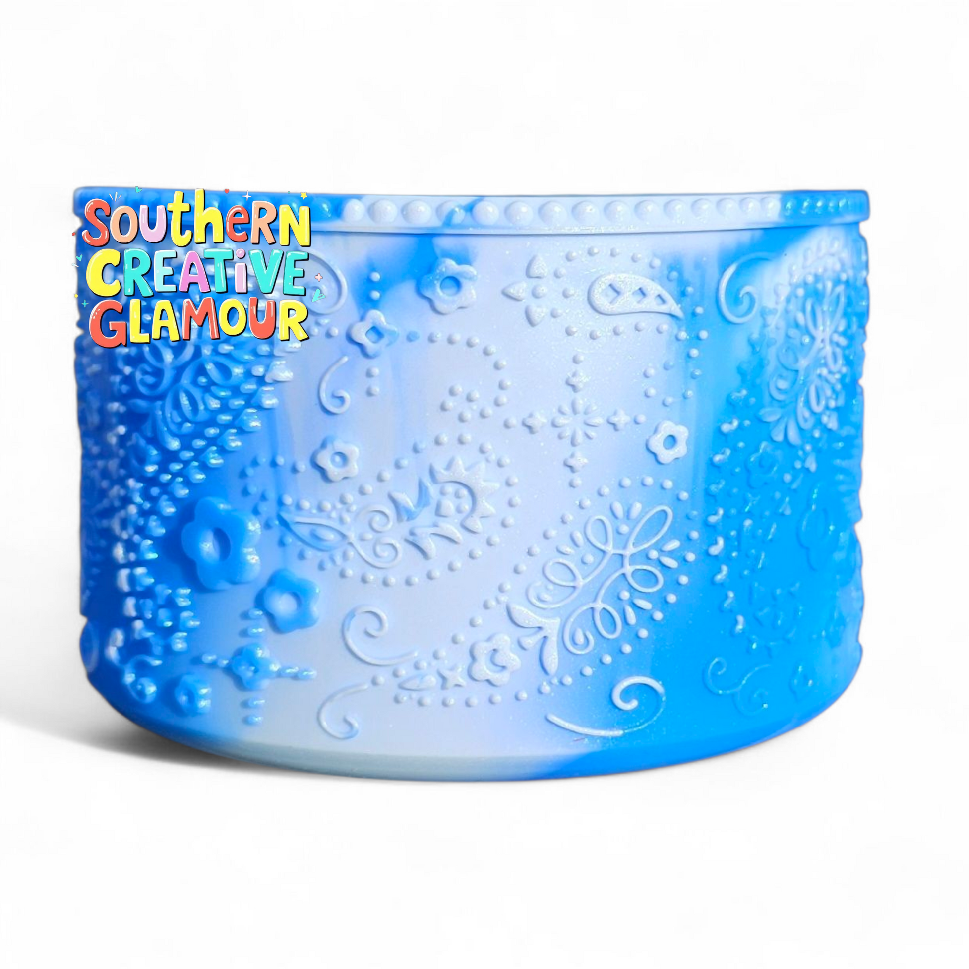 Cinderella Blue Swirl Shimmer Silicone Tumbler Boot with 3D Textured Floral and Paisley Design by Southern Creative Glamour. 
