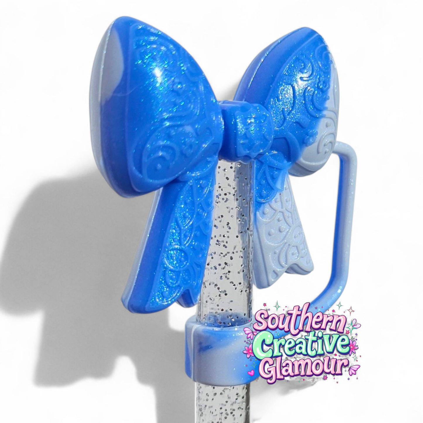 Blue Swirl Paisley 3D Bow Silicone 10mm Straw Topper | Straw Cover by Southern Creative Glamour 