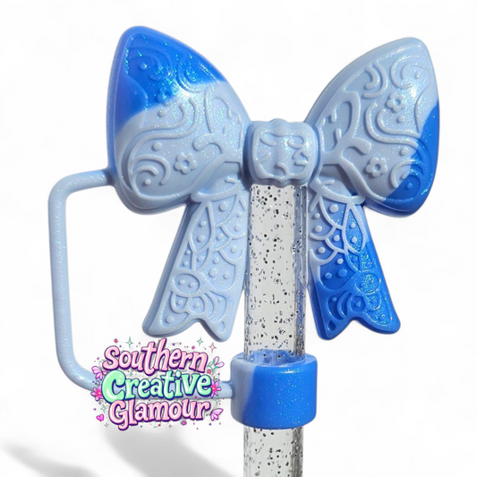 Blue Swirl Paisley 3D Bow Silicone 10mm Straw Topper | Straw Cover by Southern Creative Glamour 
