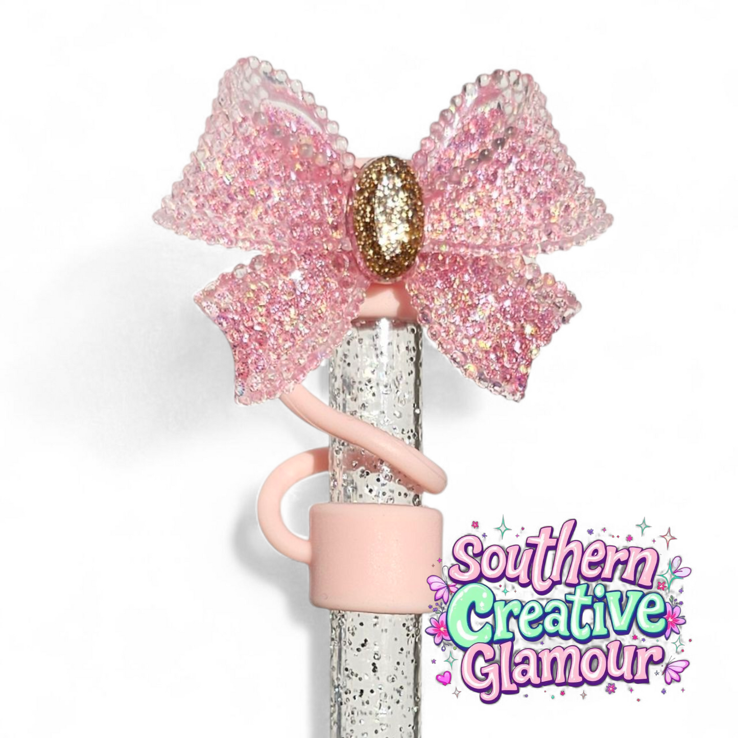 Glitter Ribbon Bow Straw Topper - Blush Pink by Southern Creative Glamour 