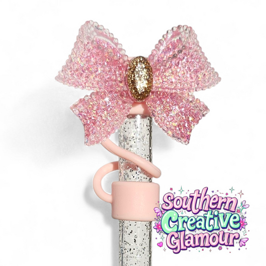 Glitter Ribbon Bow Straw Topper - Blush Pink by Southern Creative Glamour 