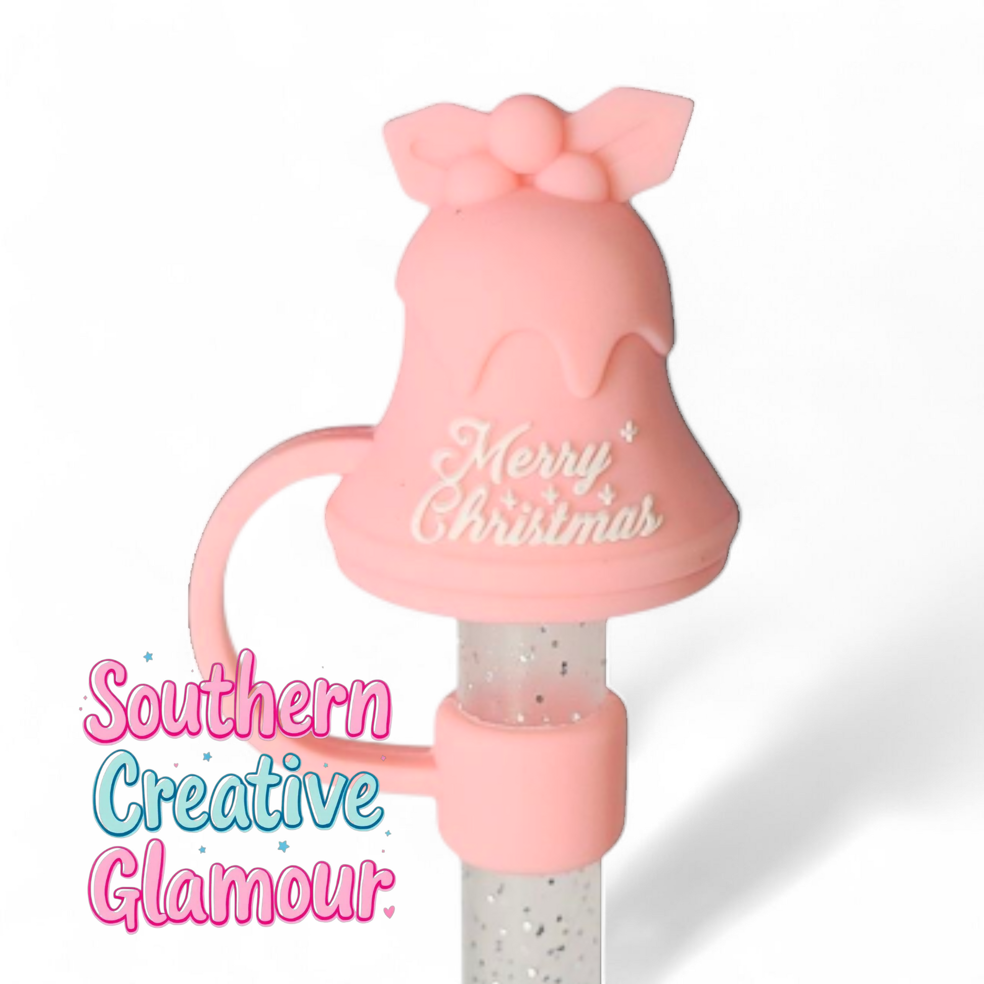 Blush Pink Merry Christmas Jingle Bell 3D Silicone 10mm Straw Topper by Southern Creative Glamour 
