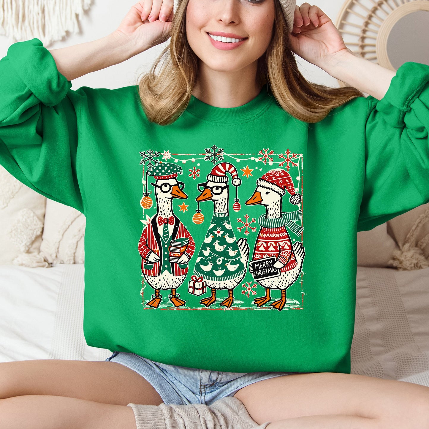 Bright Green Christmas Geese, Funny, Adorable, Cute, Retro Sweatshirt