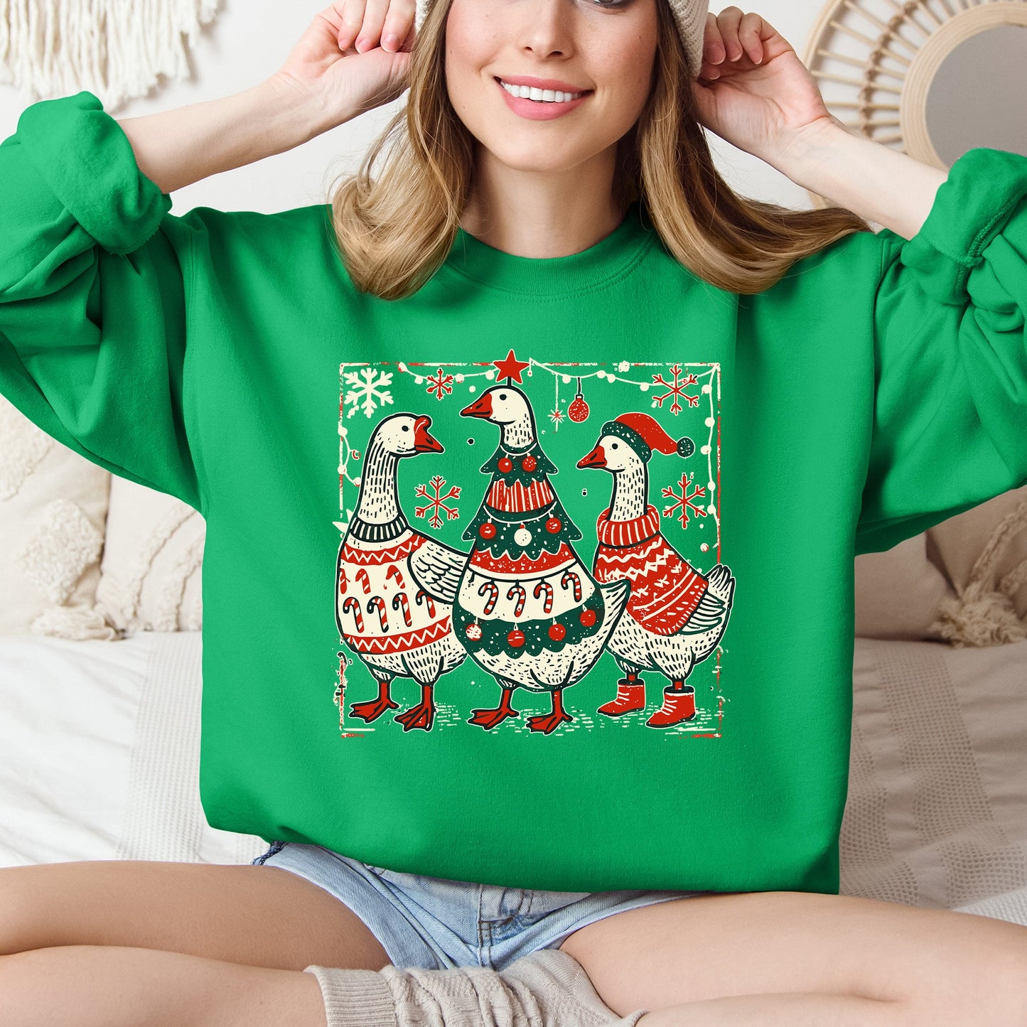 Bright Green Christmas Geese, Sweaters, Funny, Adorable, Cute, Retro Sweatshirt