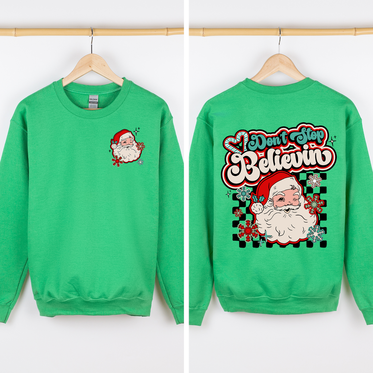 Bright Green Don't Stop Believin, Santa, Retro, Checkered, Christmas, Front and Back Sweatshirt