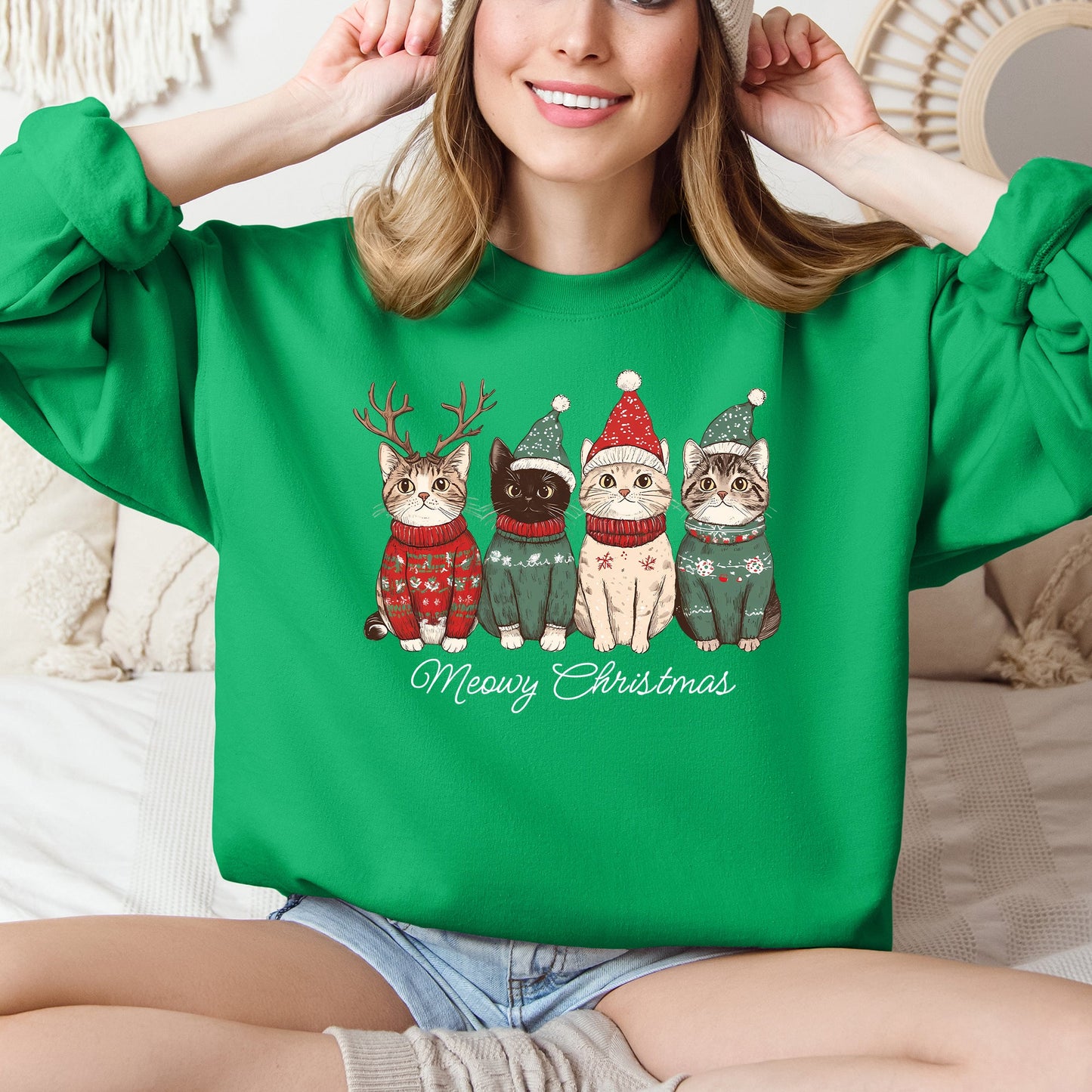 Bright Green Meowy Christmas, Cats, Cute, Santa, Pets Sweatshirt