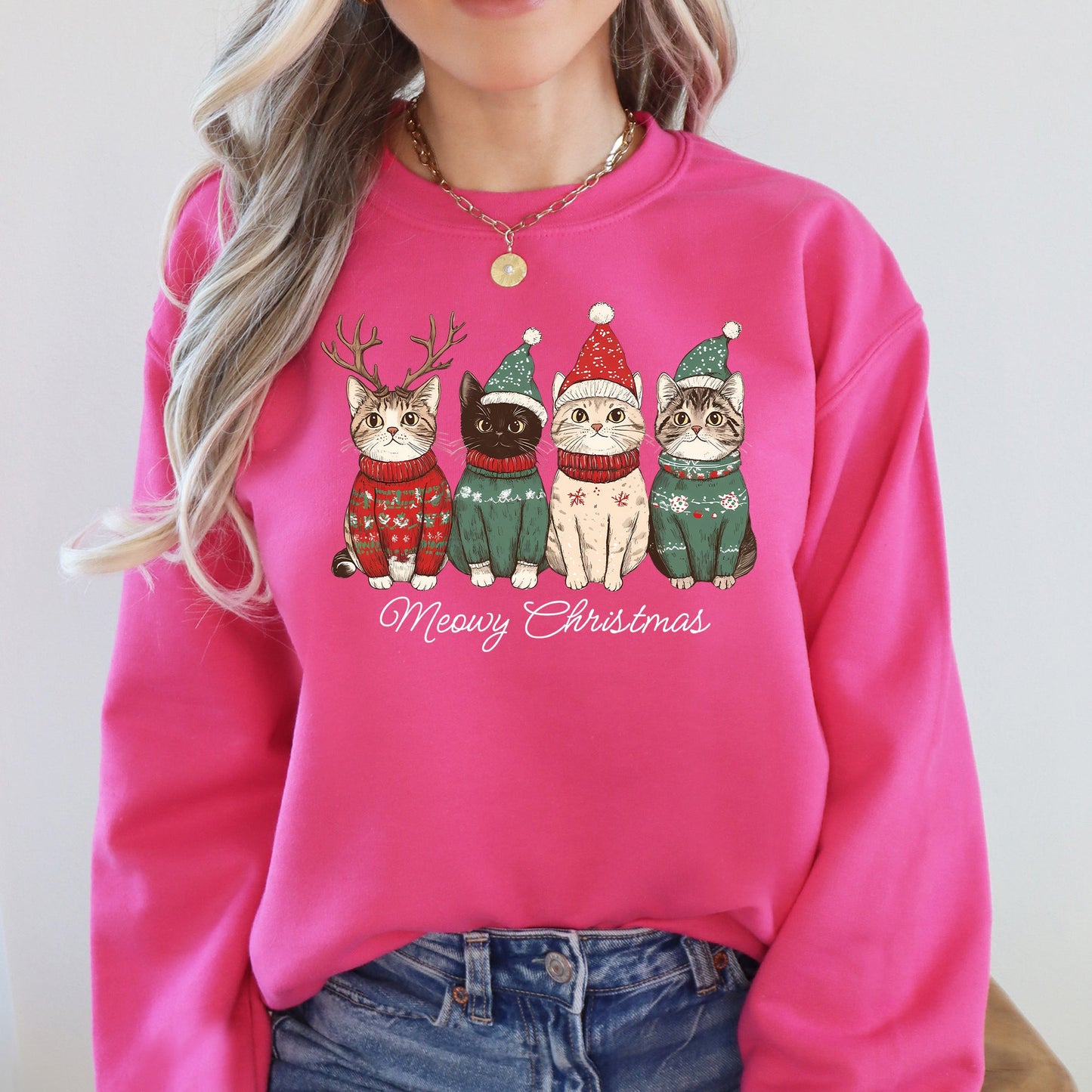 Bright Pink Meowy Christmas, Cats, Cute, Santa, Pets Sweatshirt